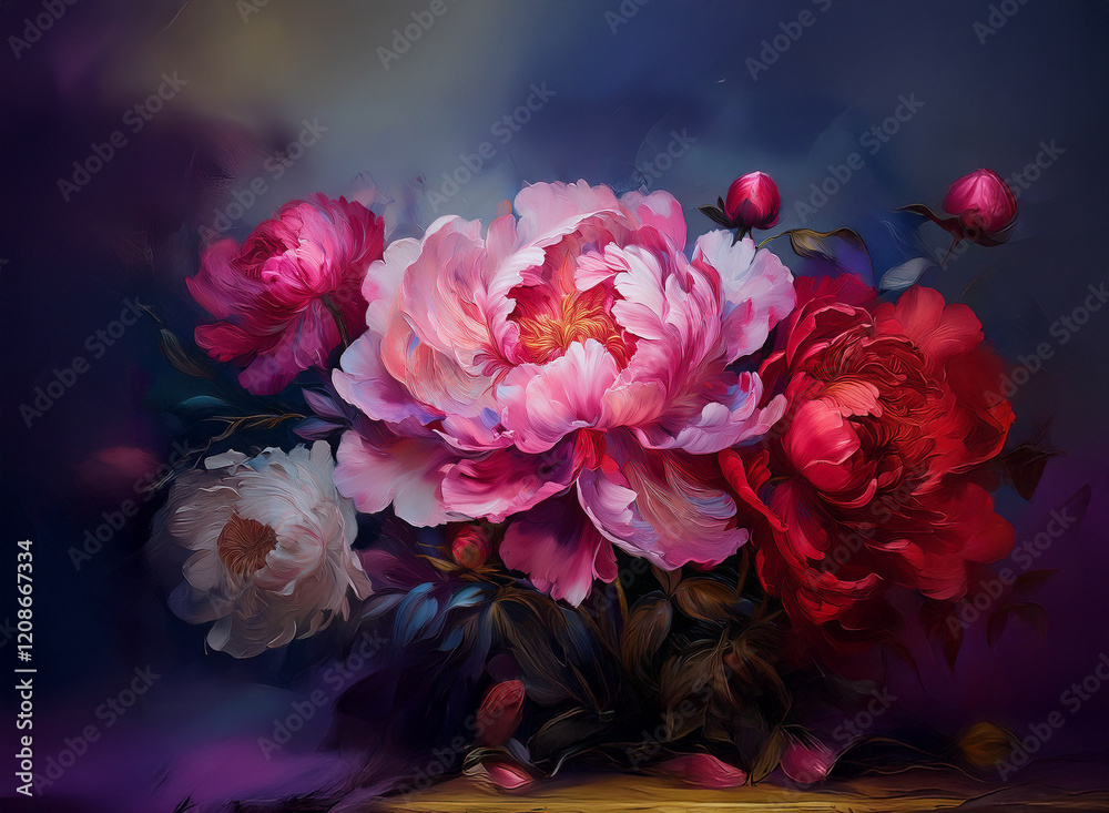 A vibrant bouquet of pink and red peonies, artfully arranged against a dark, moody background. The blossoms are richly colored and detailed, creating a lush and romantic image. A vibrant bouquet of pink and red peonies, artfully arranged against a dark, moody background. The blossoms are richly colored and detailed, creating a lush and romantic image.