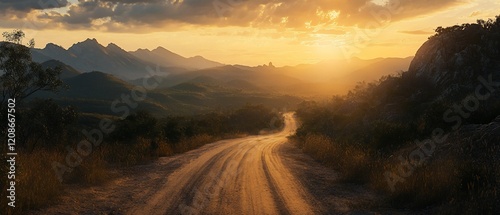 Sunset mountain road journey.  Travel, adventure background photo