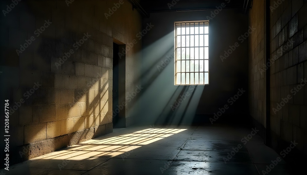 Sunlight streaming through iron bars, casting dramatic shadows onto the concrete wall and floor of a dim prison cell, creating a stark contrast between light and dark Sunlight streaming through iron bars, casting dramatic shadows onto the concrete wall and floor of a dim prison cell, creating a stark contrast between light and dark