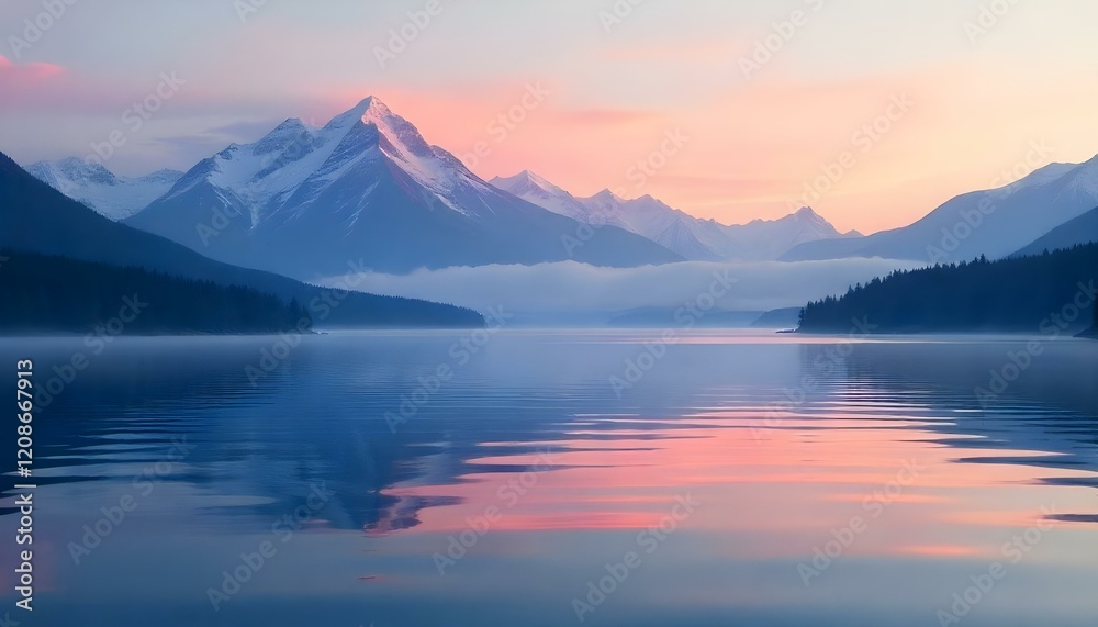 A tranquil mountain landscape bathed in the soft hues of sunrise, with abstract wave-like reflections rippling across a calm lake, creating a dreamy and serene atmosphere A tranquil mountain landscape bathed in the soft hues of sunrise, with abstract wave-like reflections rippling across a calm lake, creating a dreamy and serene atmosphere