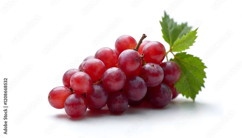 Fototapeta premium Fresh Red Grapes with Leaves on a White Background - Healthy Snack