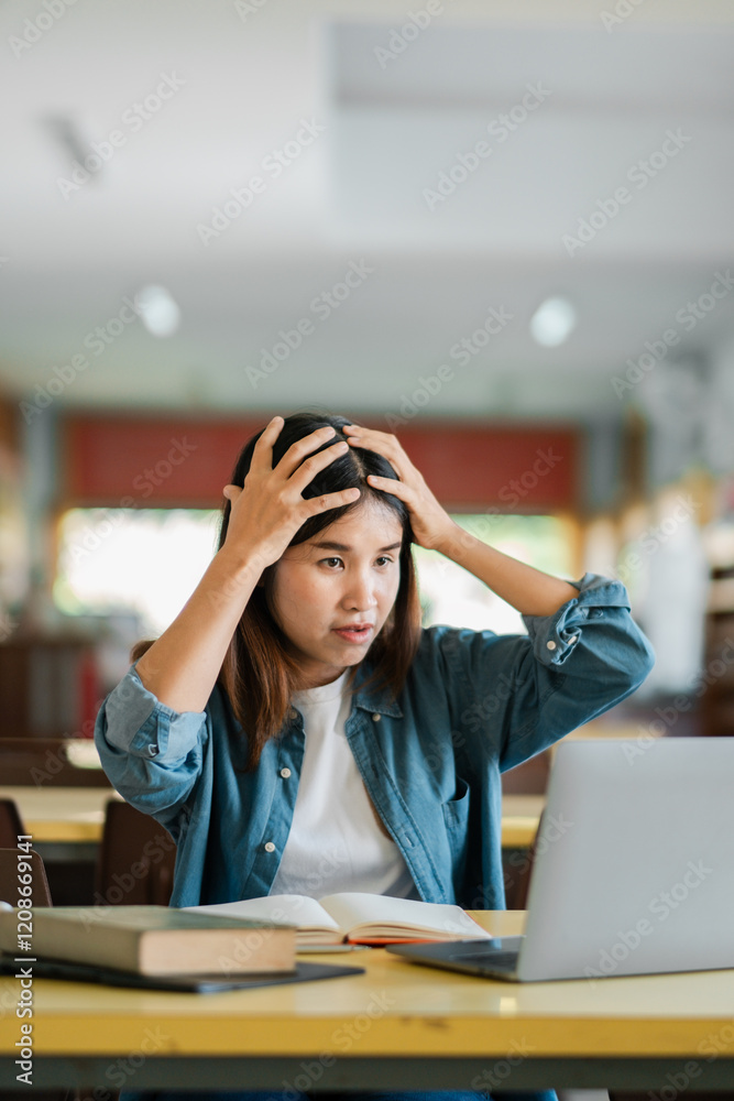 Young woman in a classroom, looking frustrated with her laptop, hands on head, surrounded by books. Young woman in a classroom, looking frustrated with her laptop, hands on head, surrounded by books.