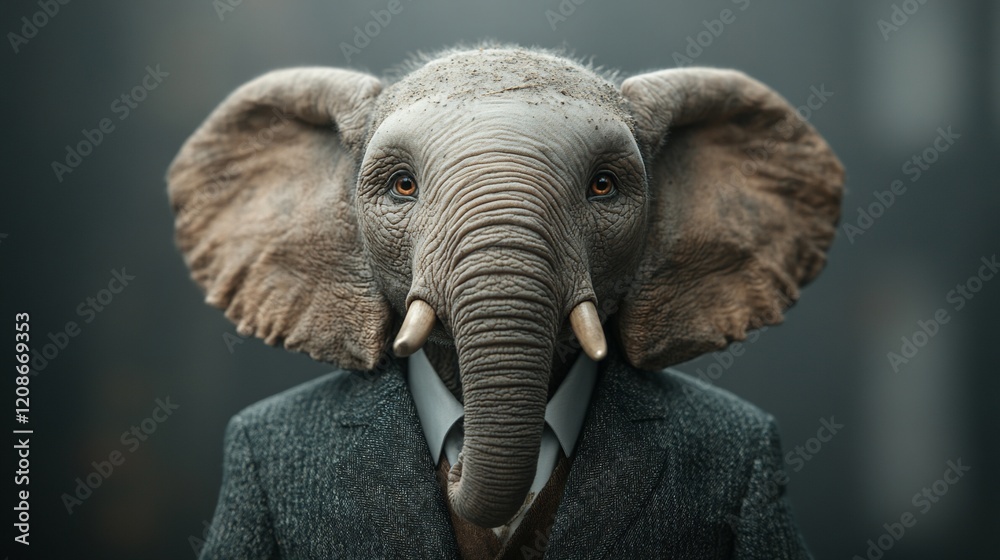 Fototapeta premium Elephant in suit, serious expression, dark background, business concept