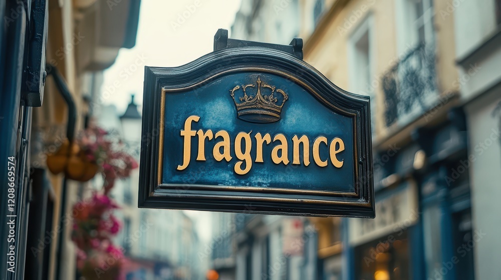 Obraz premium Fragrance Shop Sign Hanging in a Picturesque European Street with Charming Background Architecture and Bright Floral Accents