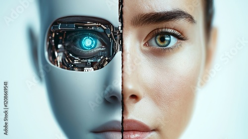 Futuristic concept of a female cyborg with a robotic half and human half, showcasing technology and humanity blend.