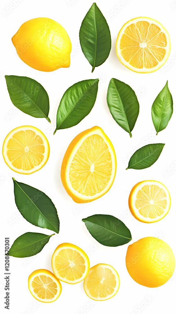 Fresh lemons and leaves are arranged beautifully on a clean white backdrop. Fresh lemons and leaves are arranged beautifully on a clean white backdrop.