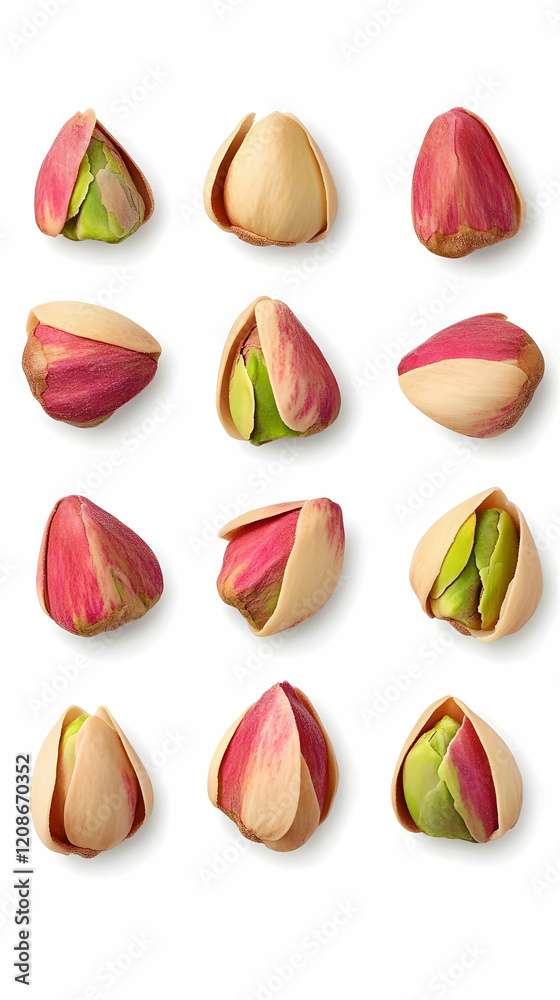 Pistachio Nuts Isolated on White Background Showcasing Various Stages of Ripeness and Open Shells Pistachio Nuts Isolated on White Background Showcasing Various Stages of Ripeness and Open Shells