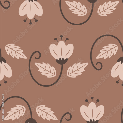 Seamless pattern with beige flowers in on a brown background. Beautiful floral background in trendy pastel coffee colors of the year 2025. Cute hand drawn style