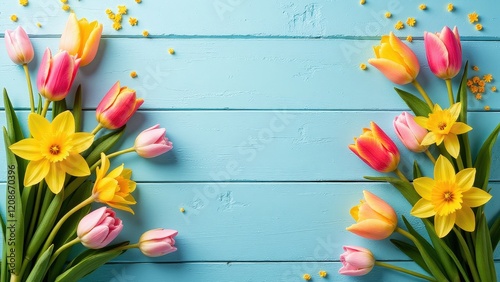 Overhead view of a serene light blue wooden scene adorned by vibrant pink tulips and cheerful yellow daffodils, framed by lush green stems and delicate leaves on either side photo