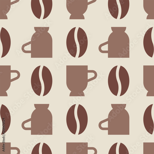 Seamless pattern with coffee beans and mugs in mocha brown and beige colors. Minimalist geometric poster in coffee mocha and mousse colors of the year 2025. Contemporary art in retro style