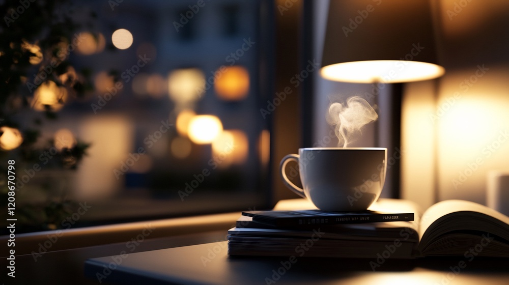 Fototapeta premium Evening coffee, book, lamp, city lights. Relaxing night