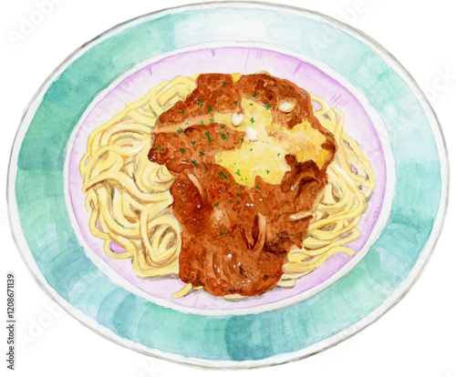 手描き水彩の美味しそうなミートソースパスタのイラスト
