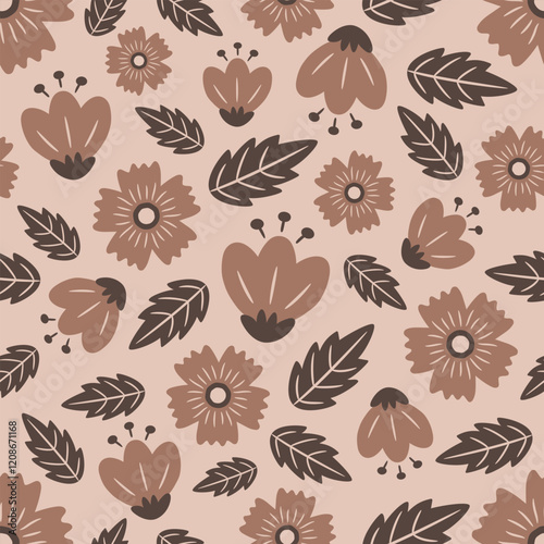 Floral pattern in brown and beige colors. Beautiful seamless pattern with cute flowers and leaves on a beige background. Trendy pastel coffee colors of the year 2025. Hand drawn style