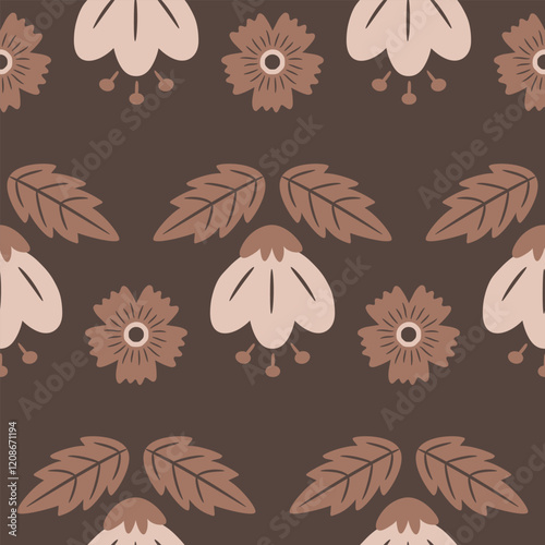 Seamless pattern with cute flowers and leaves in brown and beige colors. Beautiful floral pattern on a brown background. Trendy pastel coffee colors of the year 2025. Hand drawn style
