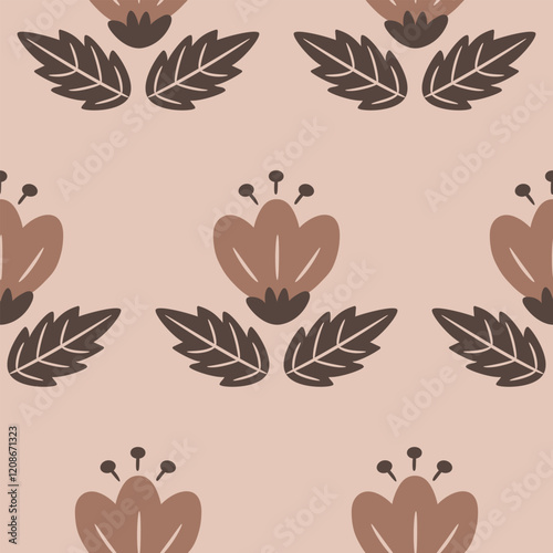 Floral seamless pattern in pastel colors. Beautiful background with flowers and leaves in trendy coffee colors of the year 2025. Hand drawn style. Hand drawn style
