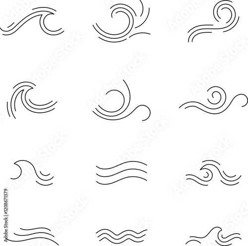 Ocean, sea waves flat simple lines icons symbols vector set