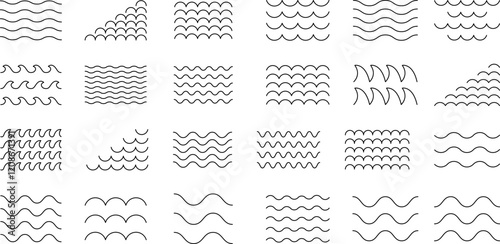 Ocean, sea waves flat simple lines icons symbols vector set