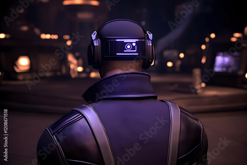 Person Wearing Futuristic Headset with Camera Icon in Dark Environment. photo