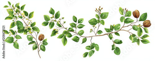 Wallpaper Mural Realistic illustration of jojoba plant branches with green leaves, flowers, and seeds Torontodigital.ca