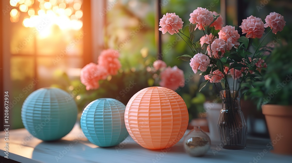 Fototapeta premium A beautiful display of pink flowers and colorful spherical decorations with sunset background