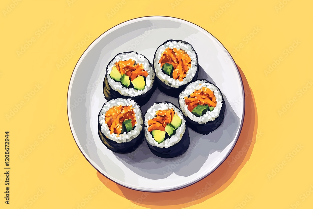 Korean rolls kimbap on white plate on yellow background top view close up. Korean rolls kimbap on white plate on yellow background top view close up.