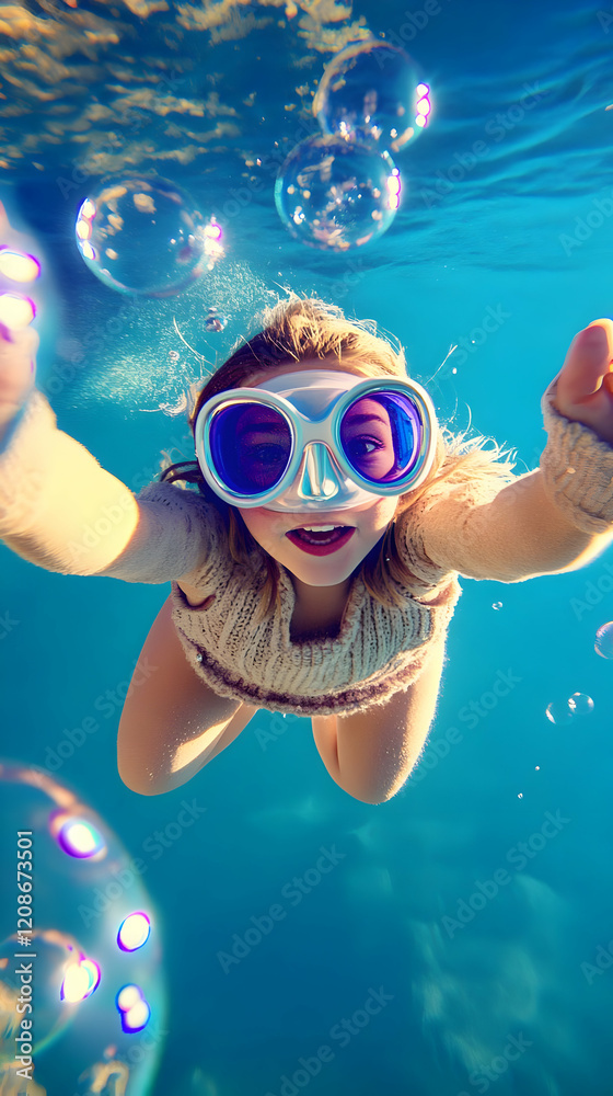 Naklejka premium Young Girl Swims Underwater with Goggles and Bubbles Rising Gracefully Towards the Surface.