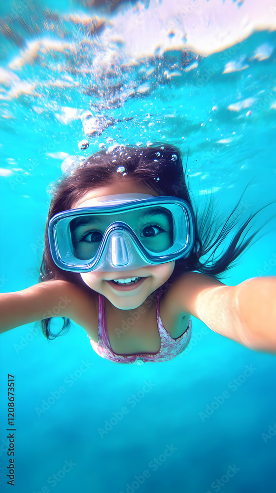 Naklejka premium Young Girl Swims Underwater with Goggles Smiling in Clear Blue Water Joyfully