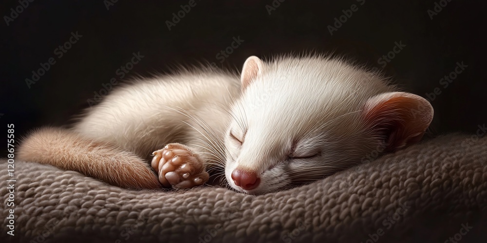 Sleeping ferret kit on brown fabric, dark background. Pet portrait