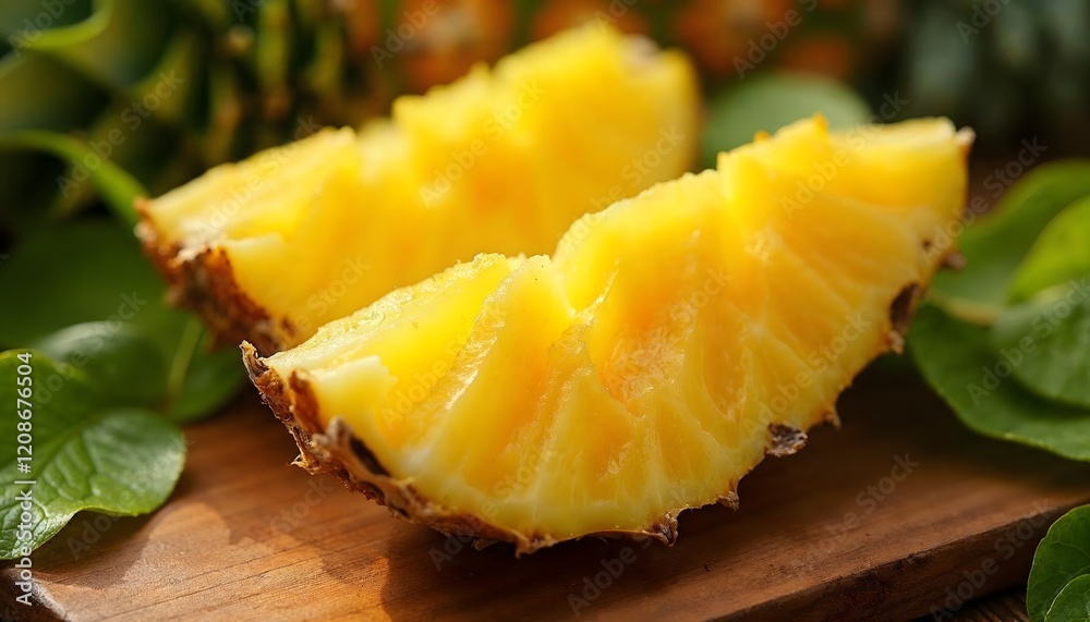 Fresh Pineapple Slices on a White Background with Tropical Leaves Fresh Pineapple Slices on a White Background with Tropical Leaves