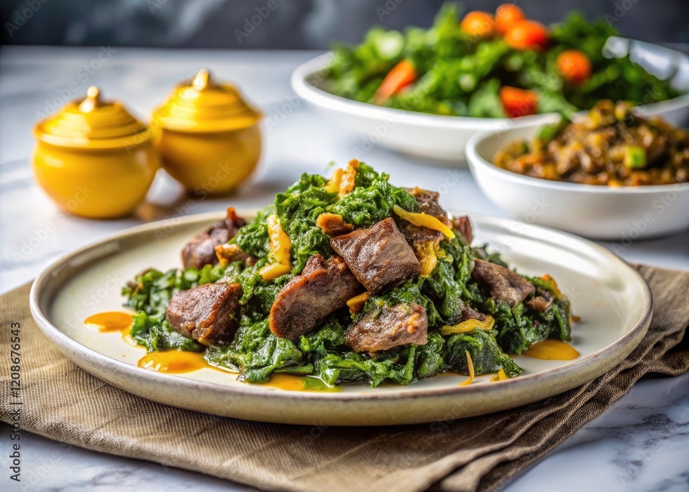 Long exposure captures the vibrant textures of Zambian Nsima, beef, and greens. Long exposure captures the vibrant textures of Zambian Nsima, beef, and greens.