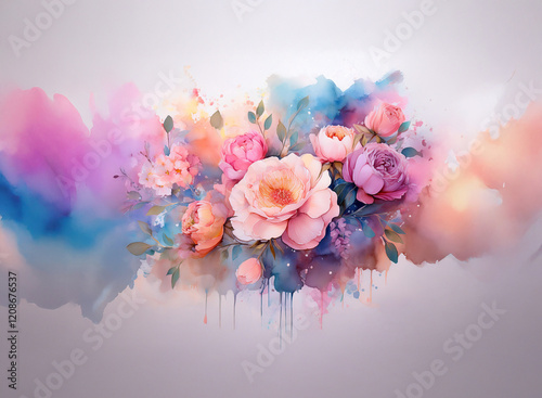 A vibrant bouquet of roses and peonies, rendered in watercolor style, explodes against a soft, pastel background.  The colors bleed and drip, creating a dreamy, artistic effect. photo