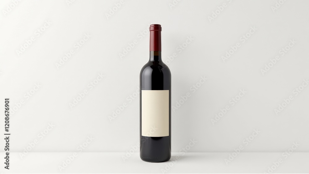 Elegant black wine bottle with pristine white label stands on a crisp white surface, framed by a soft white backdrop; its cap gleaming at the top hints at hidden secrets within Elegant black wine bottle with pristine white label stands on a crisp white surface, framed by a soft white backdrop; its cap gleaming at the top hints at hidden secrets within