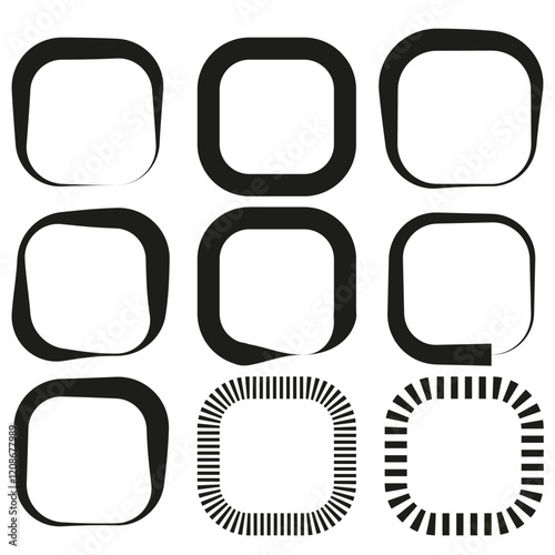 Abstract square shapes. Minimalist black design. Geometric vector elements. Rounded distorted outlines.