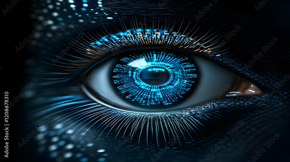 Fototapeta premium Futuristic Eye Reflects Digital Data Stream with Glowing Lines Seamlessly.
