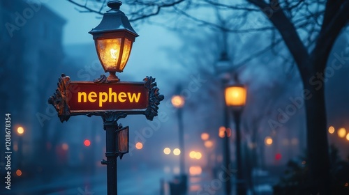 Street at dusk illuminated by vintage-style street lamps with the word nephew displayed, surrounded by a mysterious ambiance and trees creating a serene urban atmosphere.