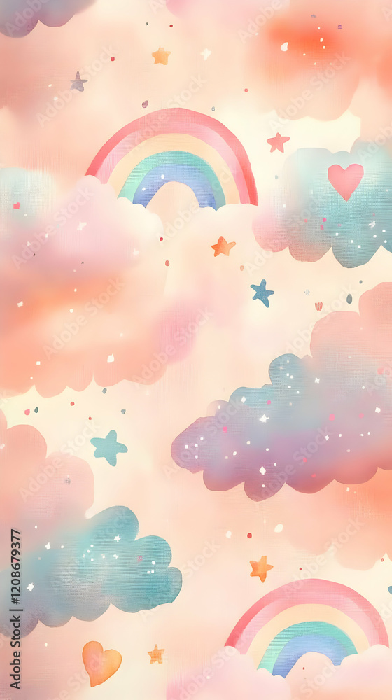 Whimsical Rainbow and Cloud Illustration with Pastel Colors and Stars Gently Floating Whimsical Rainbow and Cloud Illustration with Pastel Colors and Stars Gently Floating