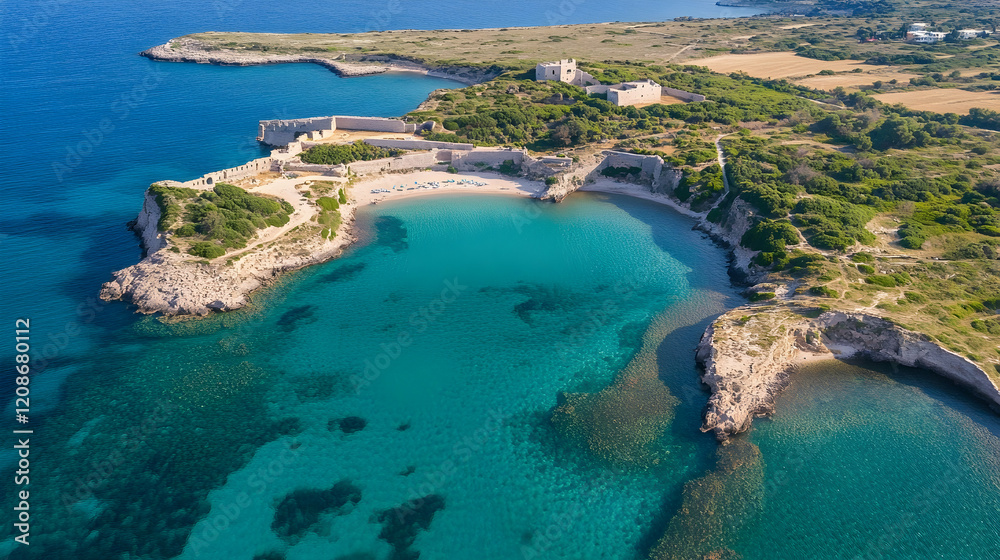 Aerial view of a secluded cove with ancient ruins, turquoise water, and lush greenery. Ideal for travel brochures Aerial view of a secluded cove with ancient ruins, turquoise water, and lush greenery. Ideal for travel brochures