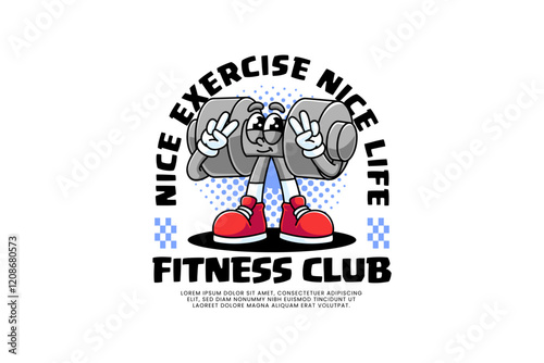 dumbbell fitness gym retro cartoon character mascot illustration with standing pose and showing peace hands for fitness gym bodybuilding sport club mascots and merchandise
