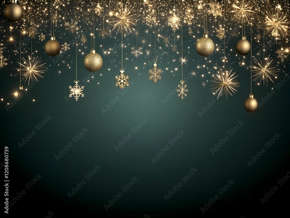 Elegant Festive Background Features Sparkles, Ornaments, and Snowflakes Hanging Over Dark Green Backdrop Elegant Festive Background Features Sparkles, Ornaments, and Snowflakes Hanging Over Dark Green Backdrop