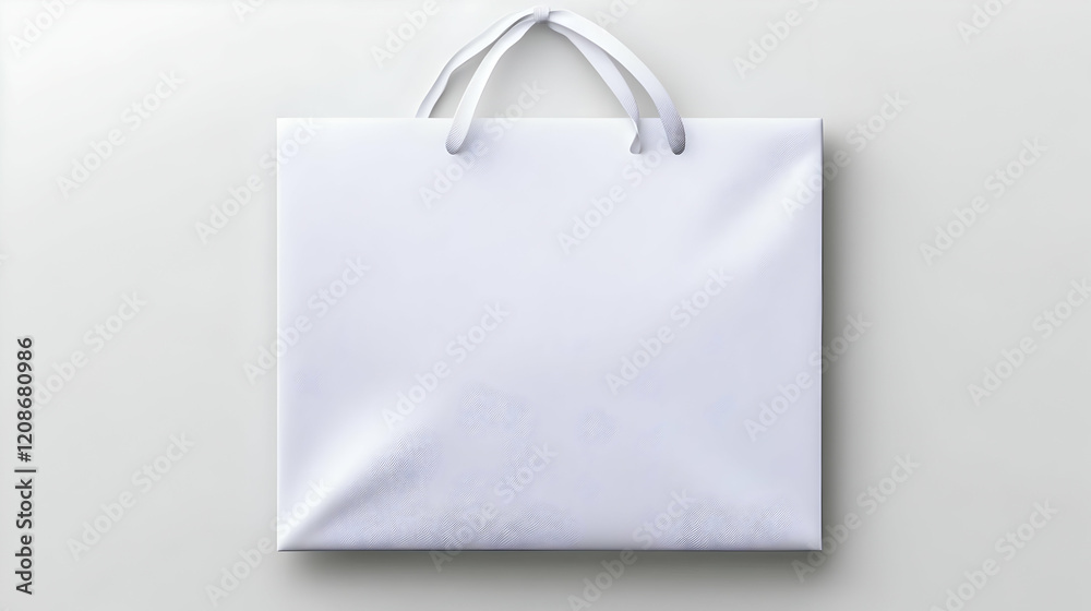White Shopping Bag with Ribbon Handles Hangs Elegantly Against a Simple Background White Shopping Bag with Ribbon Handles Hangs Elegantly Against a Simple Background
