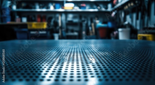 Wallpaper Mural Close-up view of a perforated metal table top, ideal for industrial or workshop settings. Torontodigital.ca