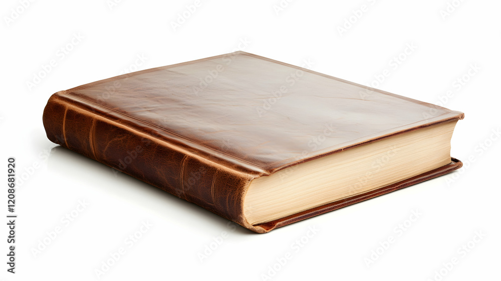 Antique leather-bound book on white background; ideal for education, history, or literature themes Antique leather-bound book on white background; ideal for education, history, or literature themes