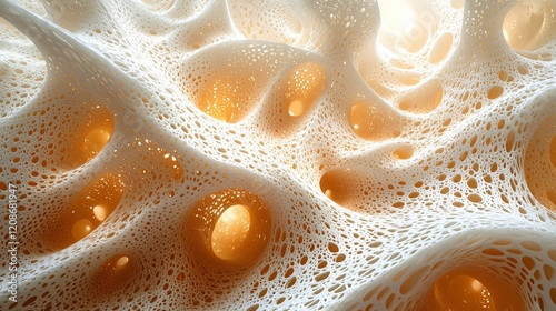 White porous structure with orange glow abstract organic texture background design element