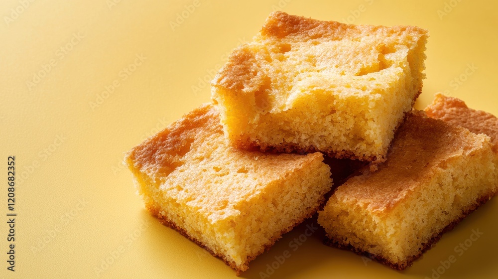 Golden cornbread slices with a crispy edge served on a vibrant yellow background, perfect for any occasion Golden cornbread slices with a crispy edge served on a vibrant yellow background, perfect for any occasion
