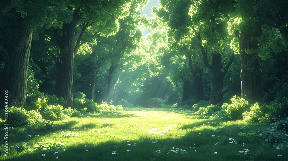 Sunlit Path Through Lush Green Forest Sunlit Path Through Lush Green Forest