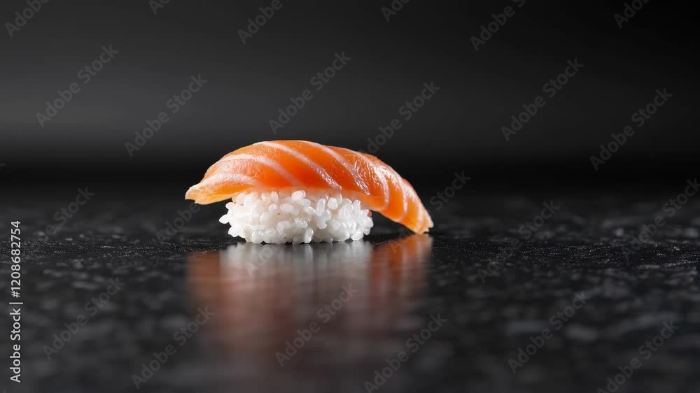 Salmon nigiri sushi on dark textured surface, gourmet Japanese cuisine. Minimalist food photography concept