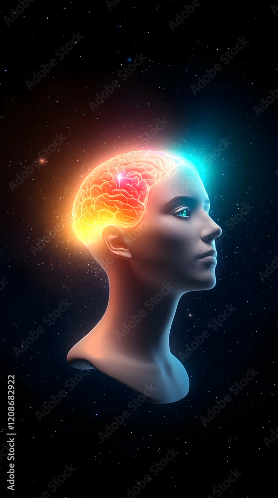 Glowing Brain within a Human Head against a Starry Backdrop Depicts the Wonders of Consciousness. Glowing Brain within a Human Head against a Starry Backdrop Depicts the Wonders of Consciousness.