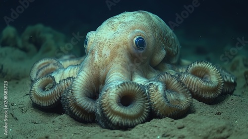 Close-up view of an octopus with its tentacles resting on the sandy seabed photo