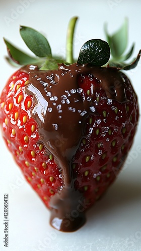 Single ripe strawberry dipped halfway in glossy melted chocolate placed on a white background