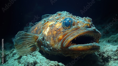 Close-up of a Strange Fish with Large Eye and Open Mouth underwater, dark background photo